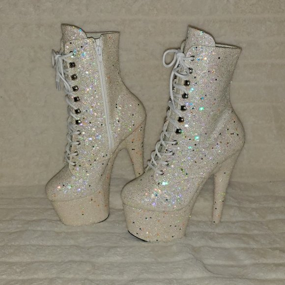 UV White Glow In The Dark Glitter 7" Platform Heel Ankle Boots Adore 1020uvlg - Picture 16 of 16